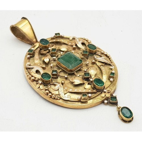 114 - AN ANTIQUE 18K GOLD PENDANT DECORATED WITH JADE AND SEED PEARLS.  15.6gms   8cms