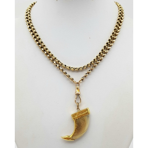 1 - An Antique Tiger Claw Set in 18K Yellow Gold - Presented on an Antique 9K Gold Albert Chain. 74cm - ... 