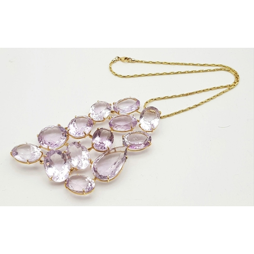 156 - An 18K Gold, Pink Amethyst Necklace and Earring Set. Thirteen incredible clean amethysts -  all diff... 