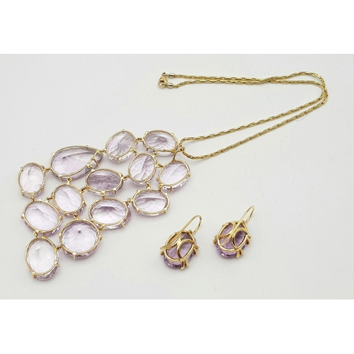 156 - An 18K Gold, Pink Amethyst Necklace and Earring Set. Thirteen incredible clean amethysts -  all diff... 