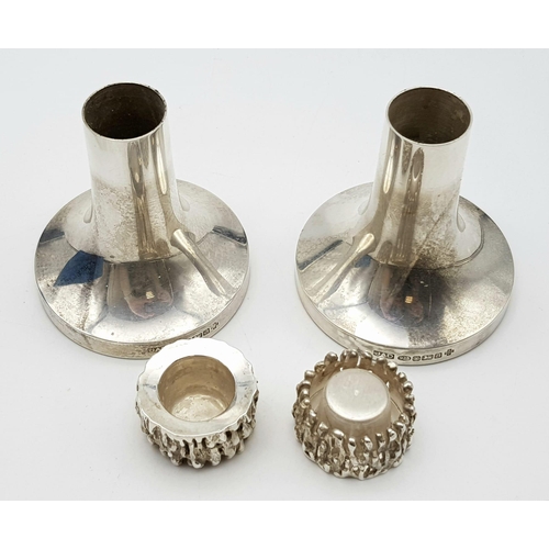 387 - Two Antique Sterling Silver Small Candle Stick Holders. 300g total weight. Weighted at base. 8cm tal... 