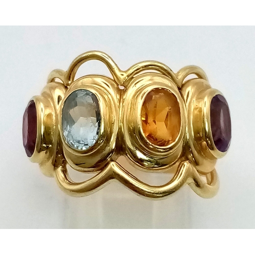 12 - AN 18K YELLOW GOLD DRESS RING WITH 4 DIFFERENT SEMI-PRECIOUS STONES .   12gms  size P