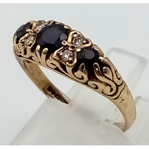 369 - A 9 K yellow gold ring with diamonds and sapphires. Size: L, weight: 2.4 g. Needs soldering on shank... 