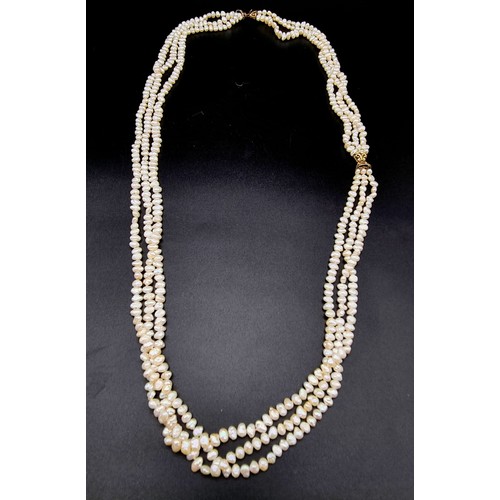 5 - 3 ROWS OF NATURAL SOUTH SEA PEARLS WITH TWO 14K GOLD CATCHES , TRANSFORMS INTO A 6 ROW CHOKER