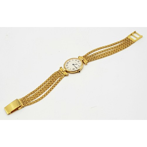 64 - A LADIES 18K GOLD CARTIER WRISTWATCH ON CHAIN STYLE STRAP , ROUND FACE WITH ROMAN NUMERALS.  24mm