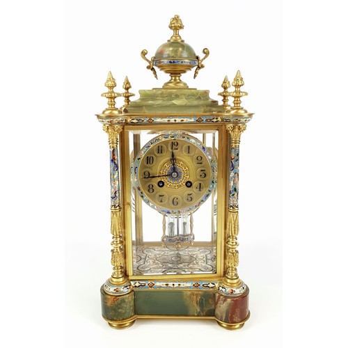 45 - A Majestic Late Victorian Cloisonné French Four Glass Mantle Clock with Mercury Pendulum. 
A multi-c... 