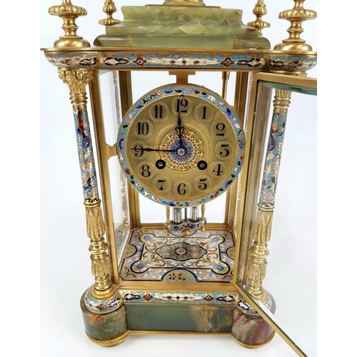 45 - A Majestic Late Victorian Cloisonné French Four Glass Mantle Clock with Mercury Pendulum. 
A multi-c... 