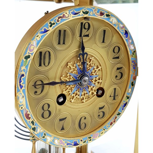 45 - A Majestic Late Victorian Cloisonné French Four Glass Mantle Clock with Mercury Pendulum. 
A multi-c... 