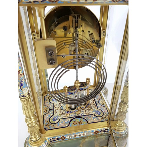 45 - A Majestic Late Victorian Cloisonné French Four Glass Mantle Clock with Mercury Pendulum. 
A multi-c... 