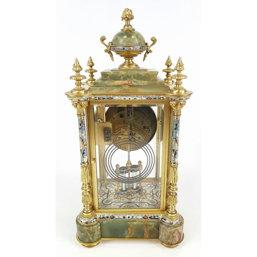 45 - A Majestic Late Victorian Cloisonné French Four Glass Mantle Clock with Mercury Pendulum. 
A multi-c... 