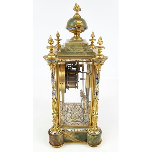 45 - A Majestic Late Victorian Cloisonné French Four Glass Mantle Clock with Mercury Pendulum. 
A multi-c... 