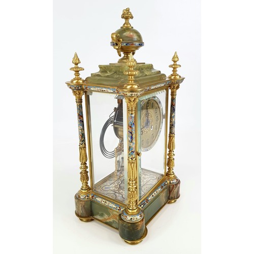 45 - A Majestic Late Victorian Cloisonné French Four Glass Mantle Clock with Mercury Pendulum. 
A multi-c... 