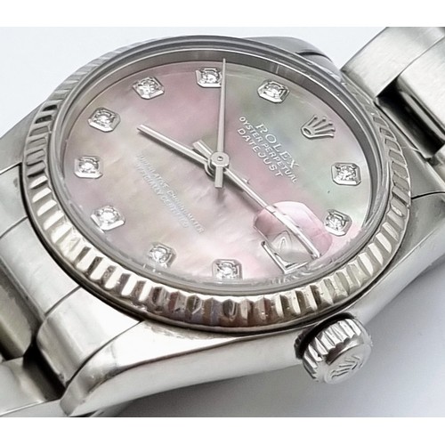 31 - A Rolex Oyster Perpetual Automatic Diamond Ladies Watch. Stainless steel strap and case - 30mm. Moth... 