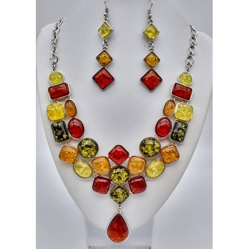 112 - A fabulous multicoloured amber necklace and earrings set. Necklace length: 54 cm (max) earrings leng... 