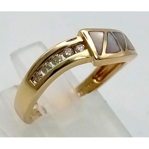 123 - A 14K Yellow Gold Mother of Pearl and Diamond Ring. Six sections of MOP and five diamonds, what a co... 