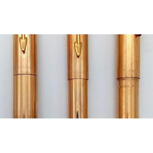 115 - A Vintage Set of Three Gilded Parker Pens: Ballpoint, Fountain and Pencil. Comes in original Parker ... 