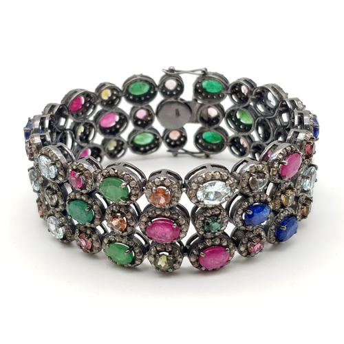 19 - A Ruby, Emerald, Sapphire and Citrine Bracelet set in 925 Silver. Antique Finish with rose cut diamo... 