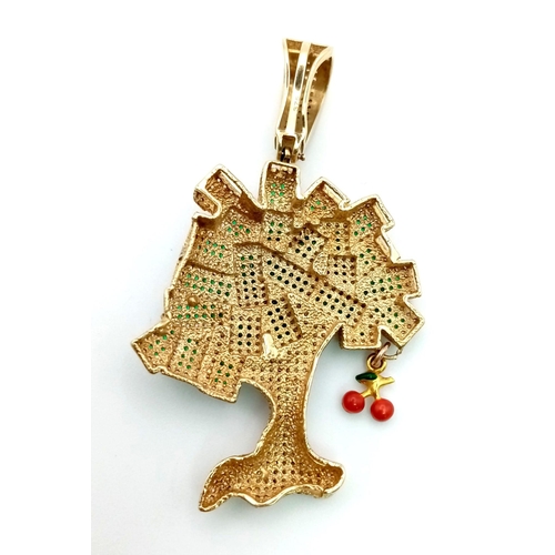 43 - A Vintage 9K Yellow Gold Emerald and CZ Money-Tree Pendant. 6.5cm. 12.85g total weight.