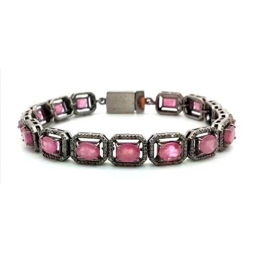 728 - Ruby Gemstone Bracelet in 925 Silver with rose cut diamonds in Pave Setting, 15 Rubies total, Length... 