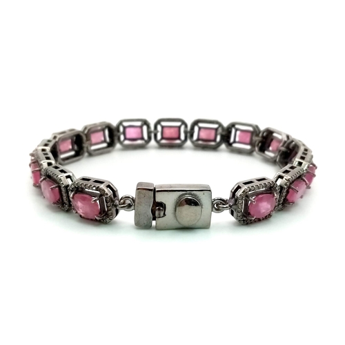 728 - Ruby Gemstone Bracelet in 925 Silver with rose cut diamonds in Pave Setting, 15 Rubies total, Length... 