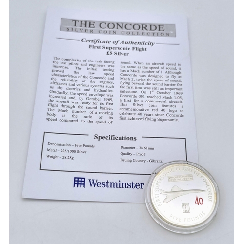 473 - First Supersonic Flight of the Concorde Sterling Silver £5 Coin Mint Condition in Capsule with Certi... 