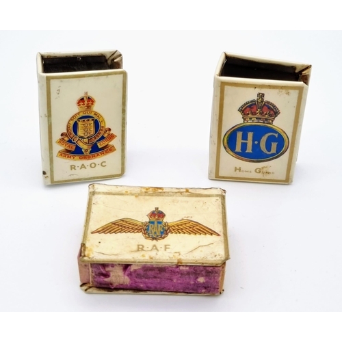 495 - Three Vintage WW2 Metal Enamel Regimental Match Box Holders Comprising, 1 x RAF, 1 X RAOC and 1 x Ho... 