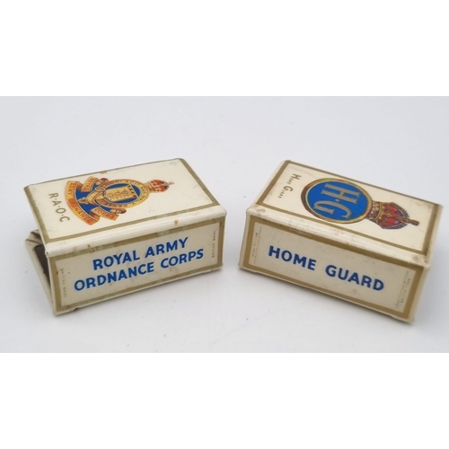 495 - Three Vintage WW2 Metal Enamel Regimental Match Box Holders Comprising, 1 x RAF, 1 X RAOC and 1 x Ho... 