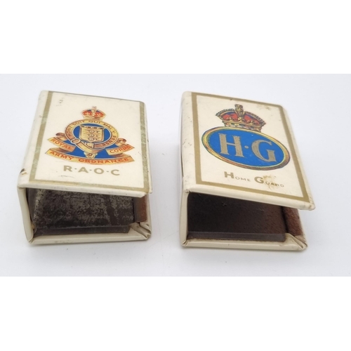 495 - Three Vintage WW2 Metal Enamel Regimental Match Box Holders Comprising, 1 x RAF, 1 X RAOC and 1 x Ho... 