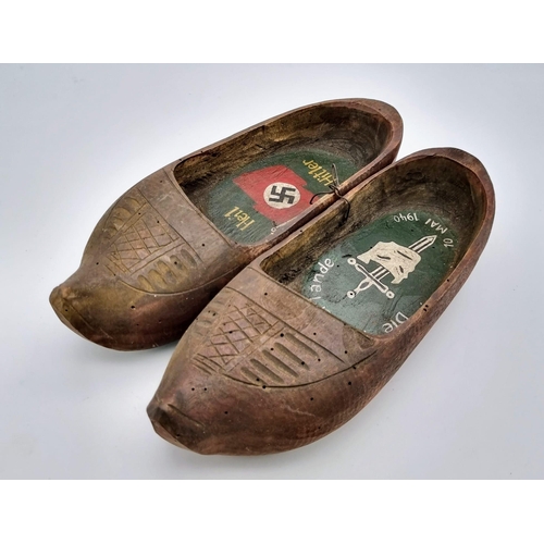 503 - WW2 German Pair of Dutch Souvenir Clogs Dedicated to the Invasion of Holland by the Brandenburg Spec... 