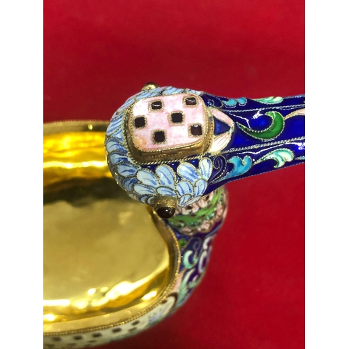 1264 - Russian silver enamel large bird kovsh 
Weight 208.8 grams 
Length 18.5cm
Height top of tail 10.2cm
... 