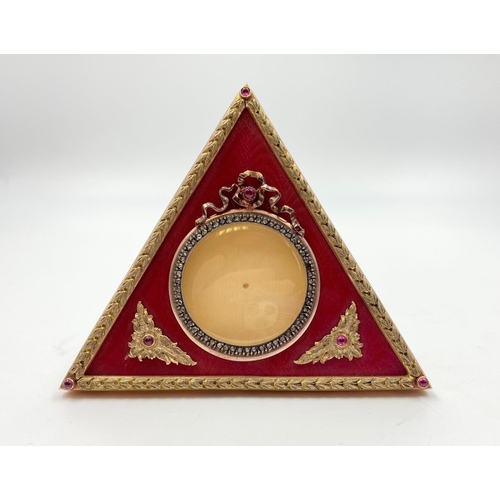 1266 - A Russian 14K Yellow Gold Diamond and Enamel Gemset Triangular Picture Frame. 9cm each side. 
107g.