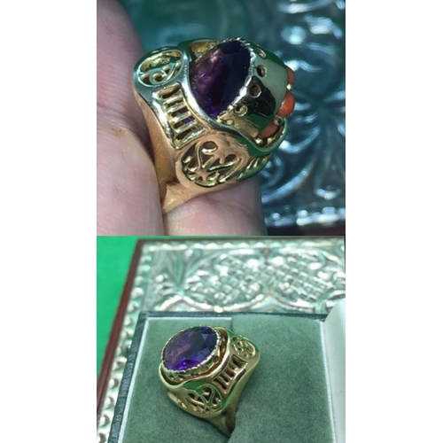 493 - A Antique Novelty Rare 14k solid Yellow Gold Spinning or Reversible Coral Amethyst Ring.

2 in 1 RIN... 