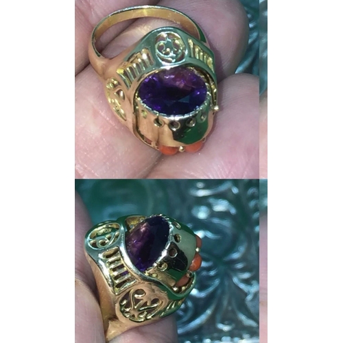 493 - A Antique Novelty Rare 14k solid Yellow Gold Spinning or Reversible Coral Amethyst Ring.

2 in 1 RIN... 