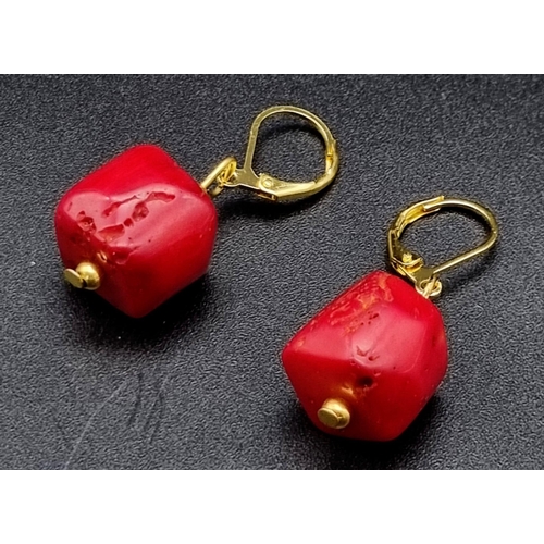 1263 - A Pair of Red Coral Square Gilded Earrings.