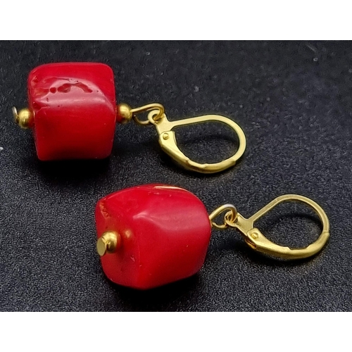 1263 - A Pair of Red Coral Square Gilded Earrings.