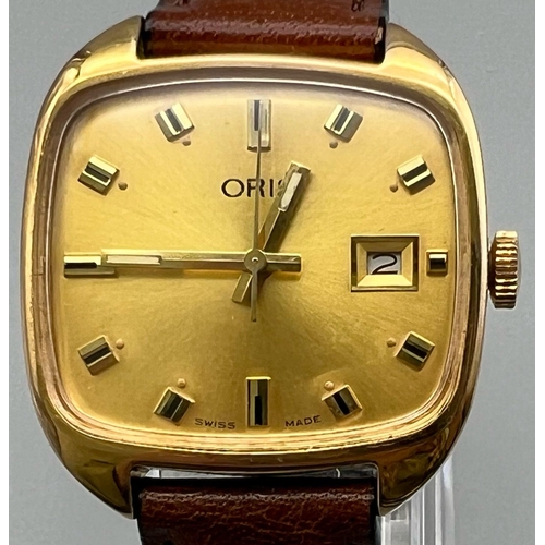 109 - A Vintage Oris Mechanical Gents Wristwatch. Brown leather strap. Gold plated case - 30mm. Gold tone ... 