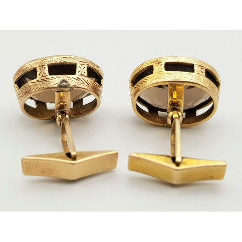 176 - An Edwardian Possibly Victorian Pair of 9K Yellow Gold Smokey Quartz Cufflinks. Two large, well face... 