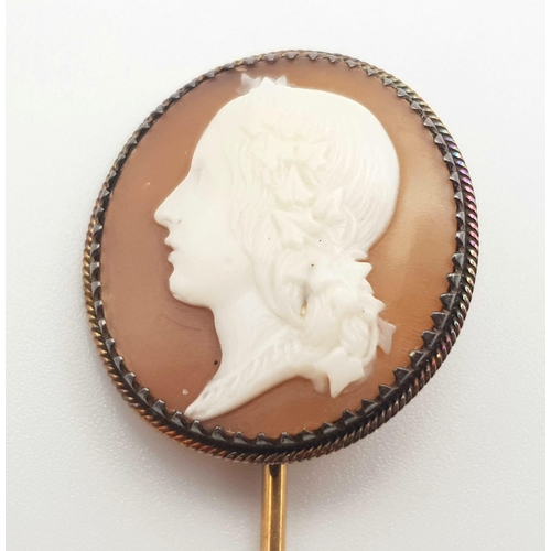 183 - A High Karat Gold (tested) Georgian Cameo Stick-Pin. Greek Goddess depiction. 9cm. 4g total weight.