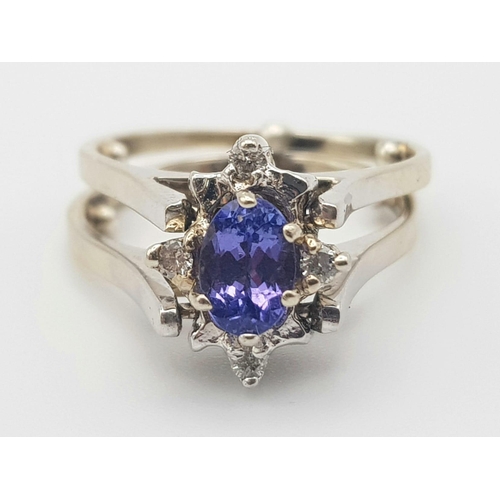 206 - 9K WHITE GOLD DIAMOND CLUSTER RING WITH A FLIP TO CREATE A TANZANITE AND DIAMOND CLUSTER RING ON OTH... 