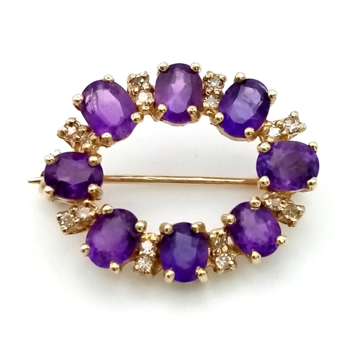 207 - A 9K Yellow Gold Amethyst and Diamond Brooch.  23mm.
Eight clean oval amethysts with diamond spacers... 