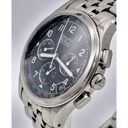 33 - A ZENITH EL PRIMERO AUTOMATIC STAINLESS STEEL CHRONOGRAPH WATCH . 40mm   IN ORIGINAL BOX