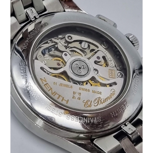 33 - A ZENITH EL PRIMERO AUTOMATIC STAINLESS STEEL CHRONOGRAPH WATCH . 40mm   IN ORIGINAL BOX