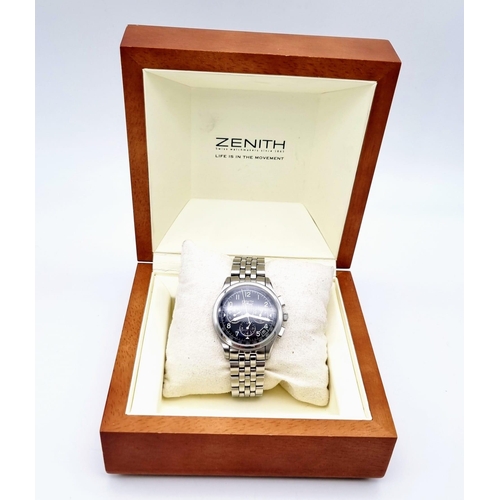 33 - A ZENITH EL PRIMERO AUTOMATIC STAINLESS STEEL CHRONOGRAPH WATCH . 40mm   IN ORIGINAL BOX