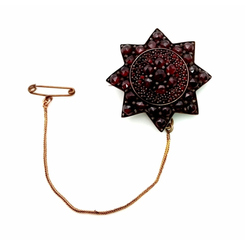 494 - An Antique Victorian Garnet Star Brooch on Yellow Metal. 
4cm. With safety chain. 10.5g total weight