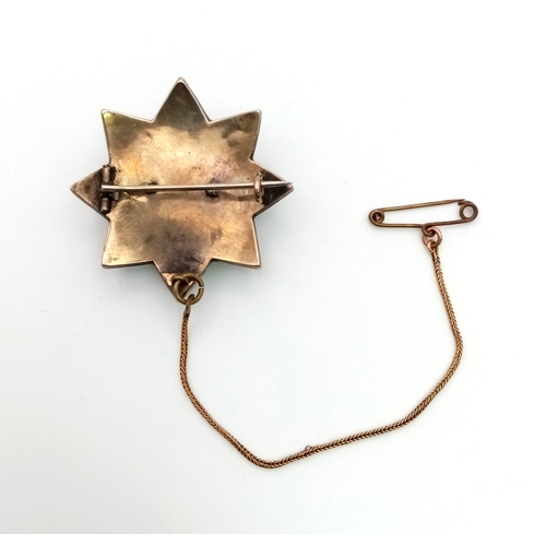 494 - An Antique Victorian Garnet Star Brooch on Yellow Metal. 
4cm. With safety chain. 10.5g total weight