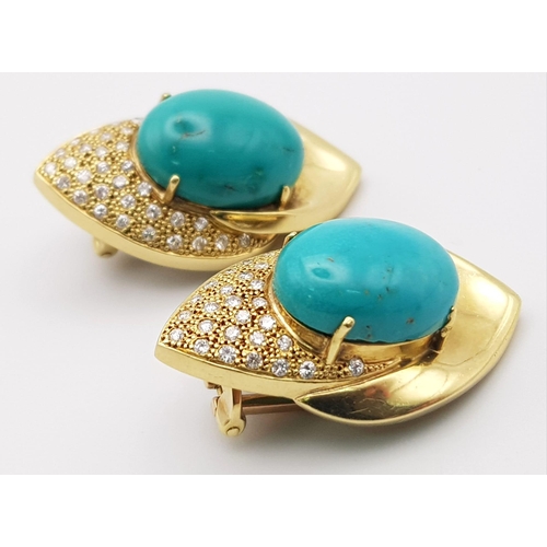 12 - A SUPERB PAIR OF 18K GOLD DIAMOND AND TURQUOISE CLIP EARRINGS.  18.7gms   0.60ct