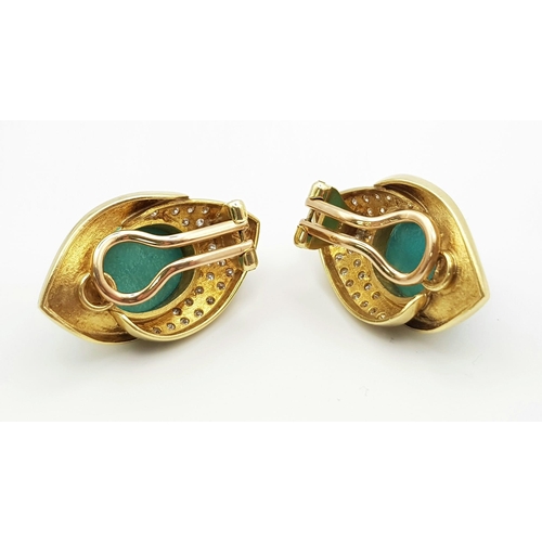 12 - A SUPERB PAIR OF 18K GOLD DIAMOND AND TURQUOISE CLIP EARRINGS.  18.7gms   0.60ct