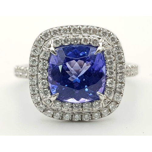 15 - A Tiffany and Co 950 Platinum Tanzanite and Diamond Soleste Ring. An exquisite cushion-cut 2.0ct (ap... 