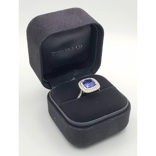 15 - A Tiffany and Co 950 Platinum Tanzanite and Diamond Soleste Ring. An exquisite cushion-cut 2.0ct (ap... 