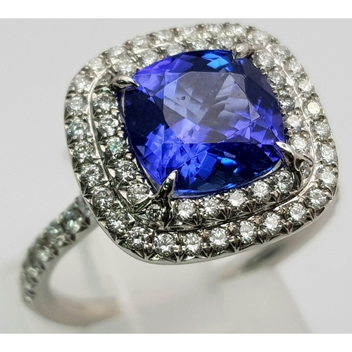 15 - A Tiffany and Co 950 Platinum Tanzanite and Diamond Soleste Ring. An exquisite cushion-cut 2.0ct (ap... 